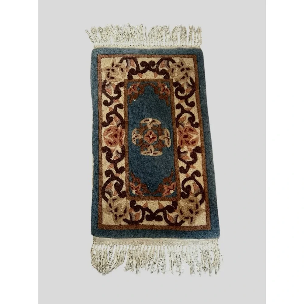 vtg Chinese Abbuson hand tufted high grade wool area rug blue peach 38 x 17